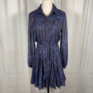 AQUA Sheer Abstract Shimmer Mini Shirt Dress Belted‎ Black Purple Teal Size S